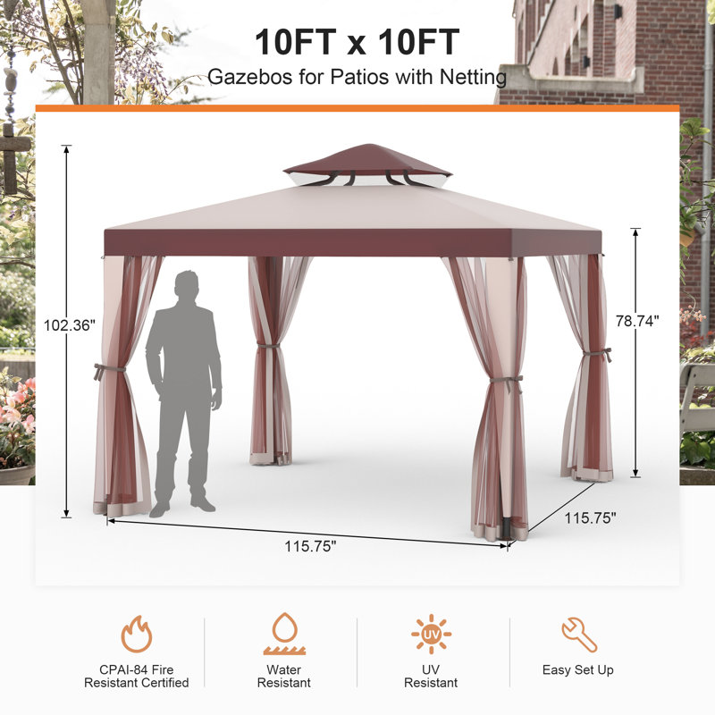 10'x10' Patio Gazebo Tent Outdoor Canopy Shelter W/ Mosquito Netting & 2-tiered Vented Top For Garden, Backyard Deck And Lawns