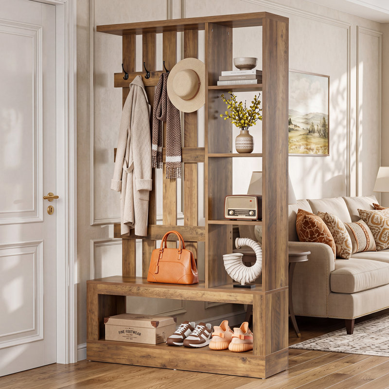 Paravent 70,9 "avec tablettes de rangement, banc d'entrée 4 en 1 avec portemanteau