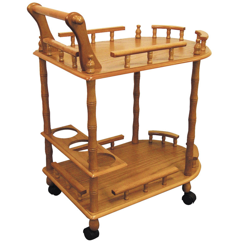 24" Oak Wood Rolling Bar Cart With Wine Storage, Oak