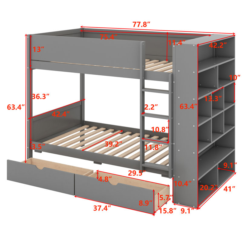Louis Solid Bunk Bed With 2 Drawers, Twin Over Twin, Gray