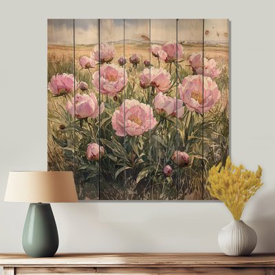 Pivoines par le champ de récoltes II - impression de pivoines sur bois de pin naturel