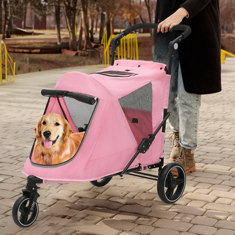 Large Gray Steel Frame Dog Stroller with Rubber Wheels