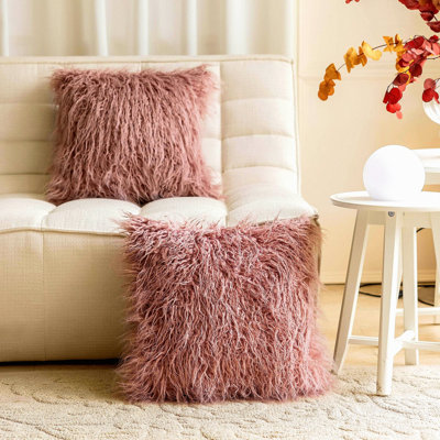 Plush Mongolian Mauve Cushion Set - Soft Dusty Pink Throw Pillow Covers for Bed Sofa - Super Cozy Case - Pack of 2
