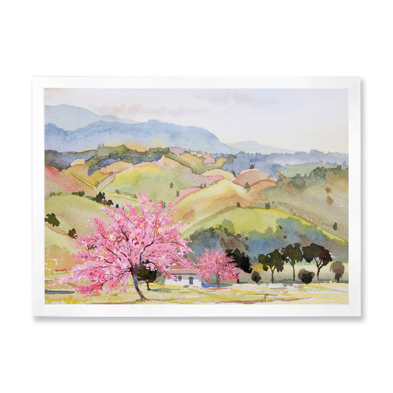 «Pink Mountain Tree in Autumn Landscape», peinture sur toile, Cadre photo blanc, L 44 po x H 34 po