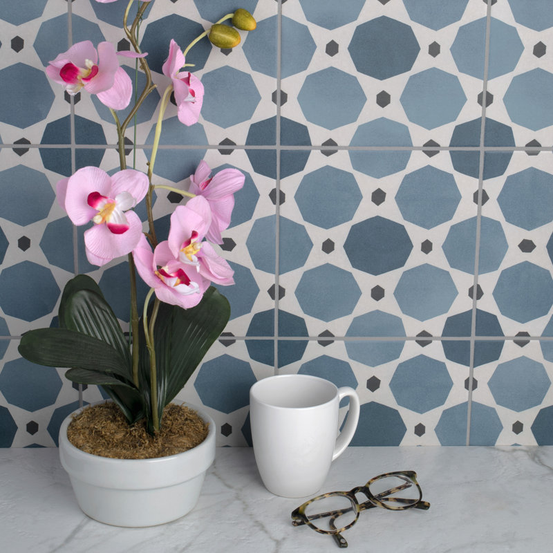 Caprice Series 8" x 8" Porcelain Patterned Wall & Floor Tile, Gray/Blue