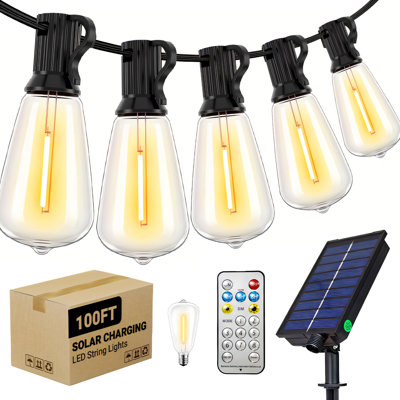 Solar Powered ST38 String Lights 100FT with Remote Control, 8 Light Modes Weatherproof Shatterproof 24 LED Filament Bulbs, Large 11.5*13.5cm Solar Panel for Backyard Porch Cafe Garden Roof