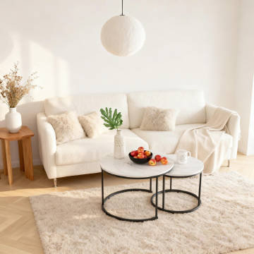 Coffee Table, Nesting Set of 2, 27.6-inch Round, Wood Marble Pattern Top with Sturdy Metal Frame, End Table/Side Tables for Living Room, Bedroom, Balcony, Yard (White)