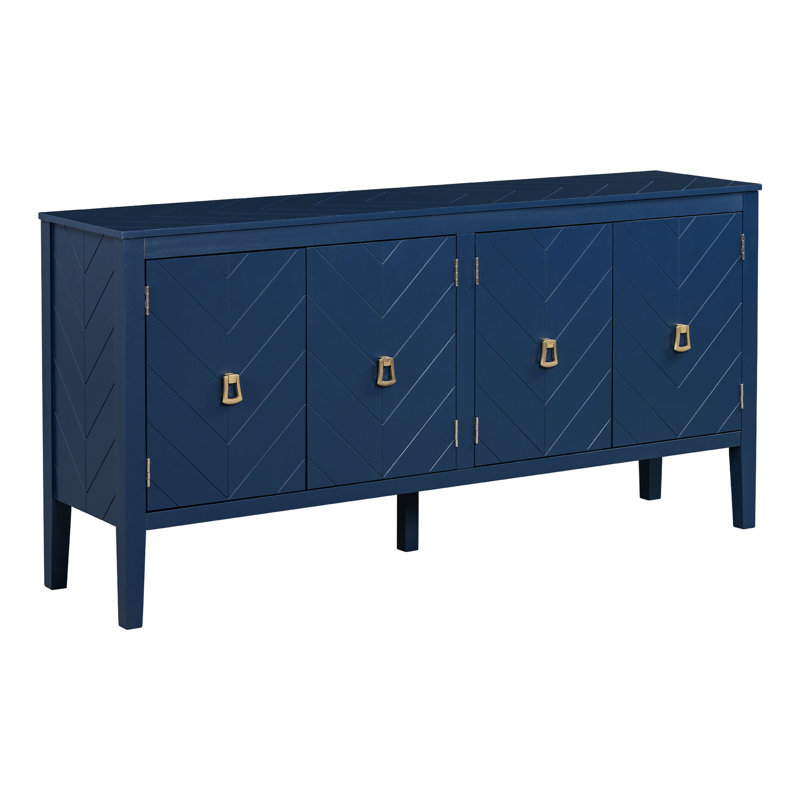 Buffet bleu marine avec motifs géométriques captivants et poignées en métal rétro élégance intemporelle en bleu, motifs, poignées rétro,