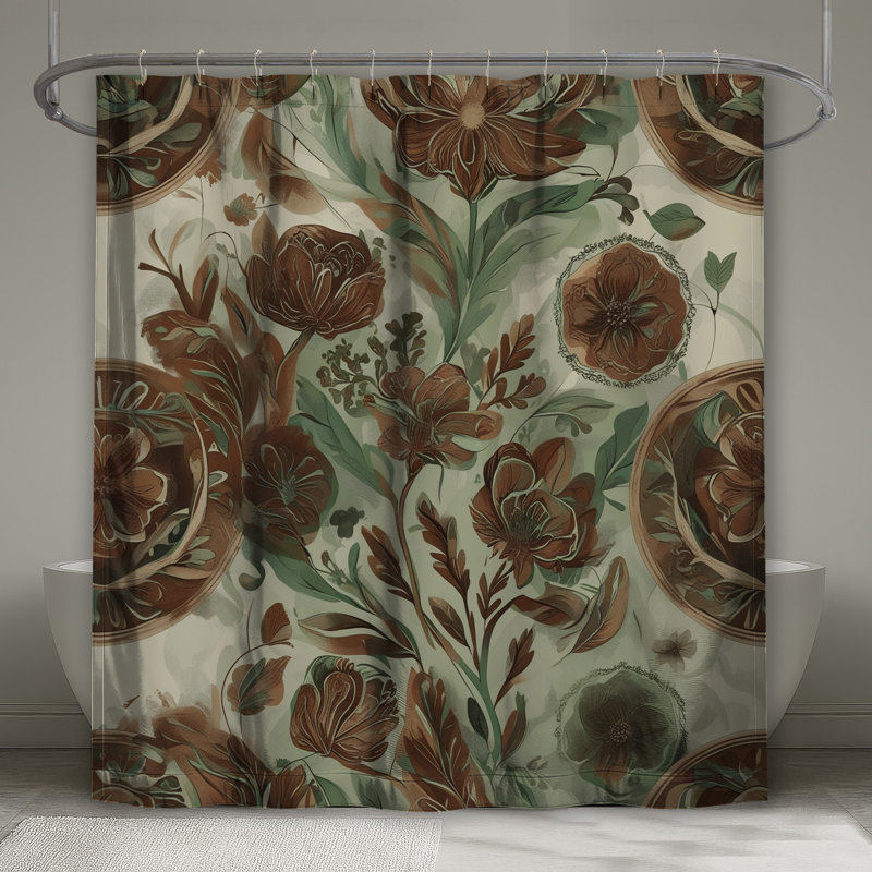 Rideaux de douche brun et vert à motif floral extra long, 70in W x 84in H