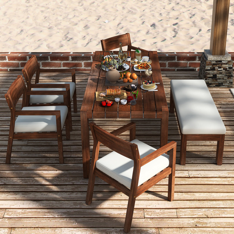 6-Piece Patio Dining Table  Set for Outdoor Furniture Sets With Umbrella Hole | Chairs and Bench with Removable Cushions (Mocha+Beige ) |  71" Rectangular Table | Backyard, Garden, Poolside