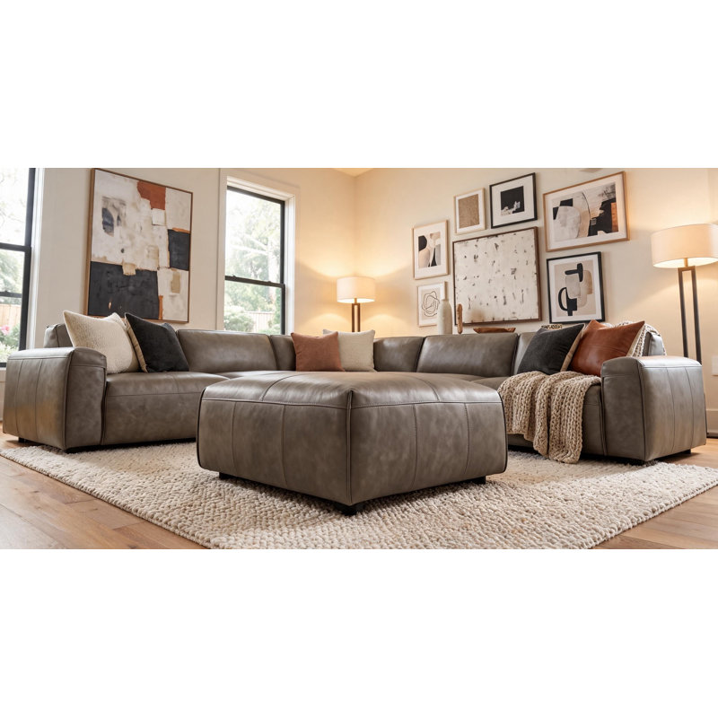 Canapé modulaire en cuir avec repose-pieds Fernagh, Cuir véritable gris pierre