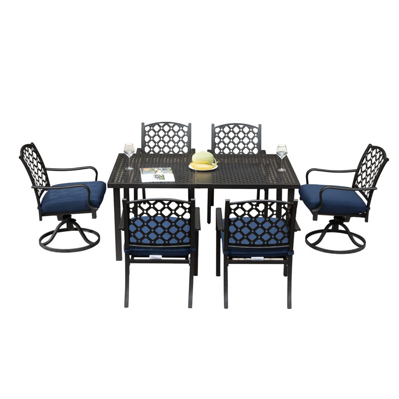 Ensemble de 7 chaises de patio en métal avec coussins bleu marine, fer stable pour les pelouses de jardin extérieures et table, cour