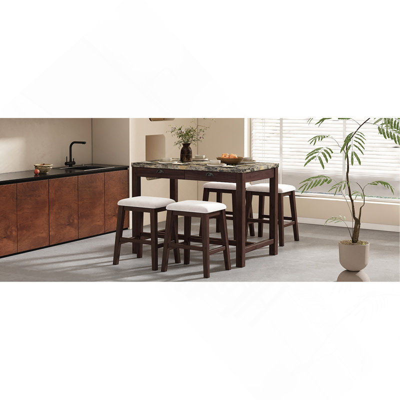 Ensemble de table de salle à manger 3 pièces pour 2 personnes, ensemble de 2 tables de cuisine à hauteur de comptoir et 2 chaises avec tiroirs de rangement, table de salle à manger en marbre avec 2 chaises rembourrées pour petits espaces