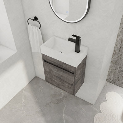 Meuble-lavabo mural 18 po avec lavabo en résine blanche et porte d'armoire à fermeture en douceur 18 po