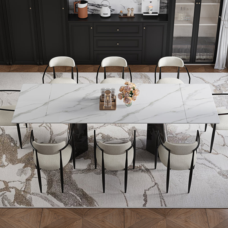 Modern Dining Table Set For 8-10 With 94.5'' Extendable Sintered Stone Dining Table And 8 Fabric Upholstered Arm Chairs
