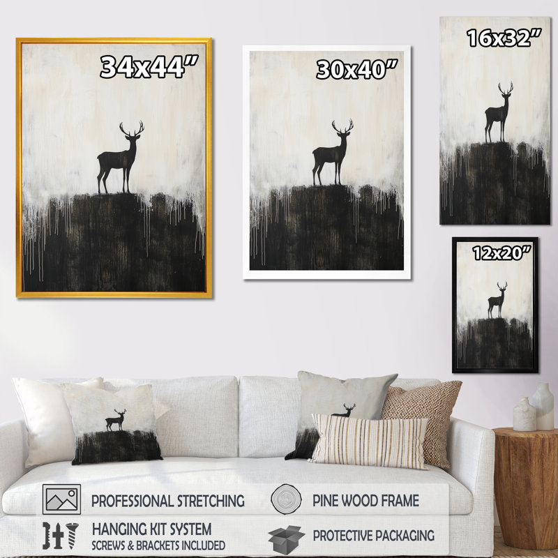 Deer Silhouette On Mountain - Deer Wall Art Print, 32" H x 24" W, Picture Framed Print, Black