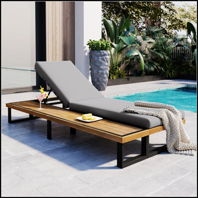 GO Outdoor Chaise Lounge Chair With 5-Position Adjustable Backrest, Reclining Cushion, And Acacia Wood Side Table For Ultimate Comfort And Style