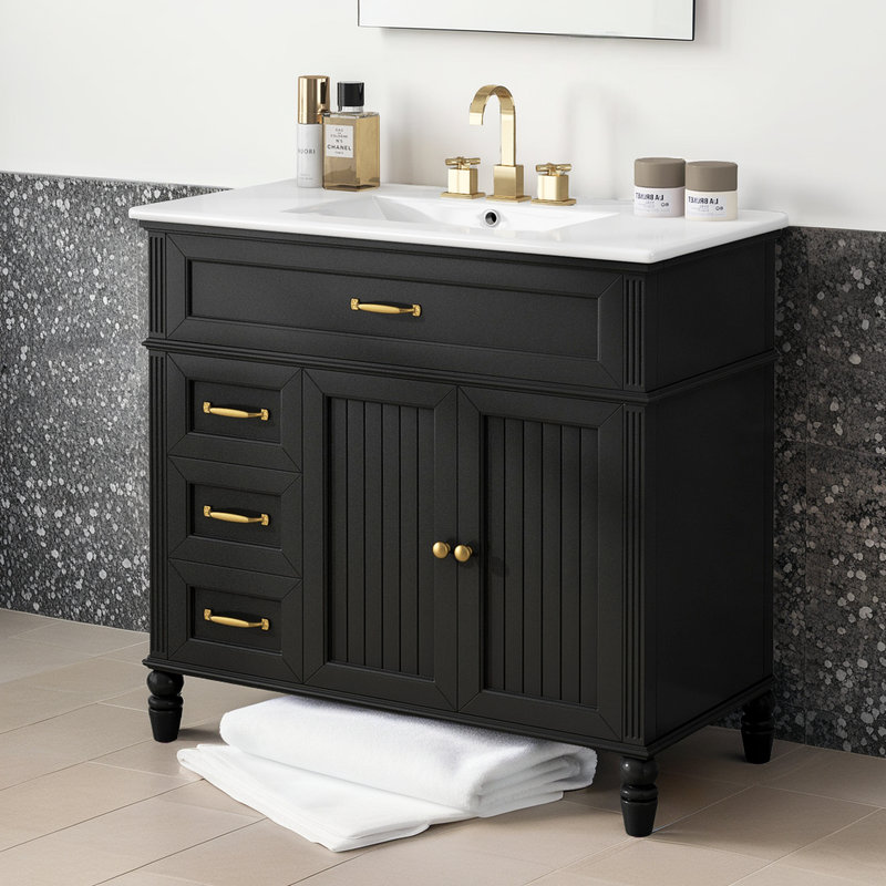 Ensemble de meuble-lavabo rétro 36 po - Lavabo en céramique - Structure en bois d'acacia - Conception rainurée - Compatible avec un robinet de 8 po?