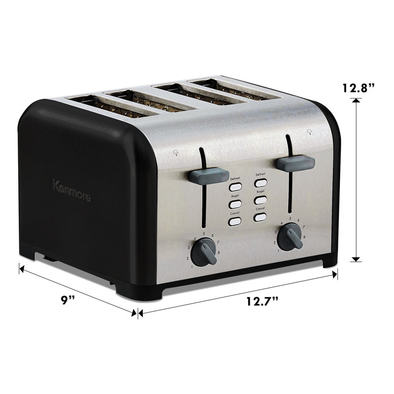 Grille-pain 4 tranches en acier inoxydable Kenmore avec deux commandes, fentes très larges et bagel, Noir acier inoxydable