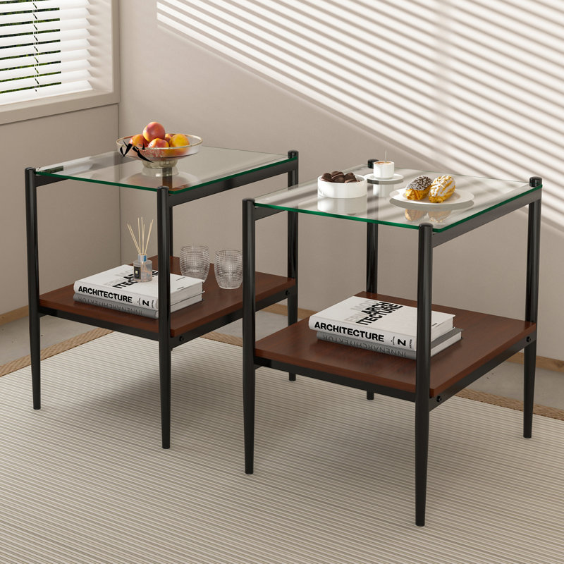 Ensemble de 3 tables basses et tables de bout, table en verre trempé avec panneau de fibres à densité moyenne, tables modernes pour le salon, verre transparent