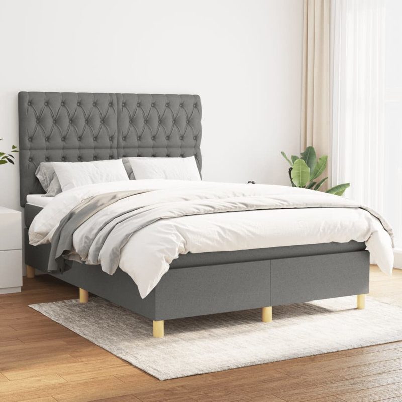 Lit à sommier tapissier avec matelas, Tissu, Double, Gris foncé / chêne