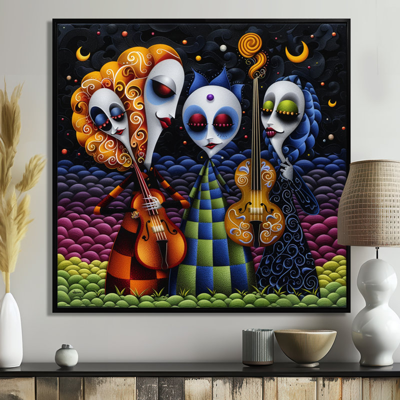 Midnight Fantasy Violin joueurs - musicien, impression d'art mural, Toile avec cadre flottant noir