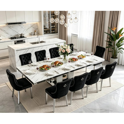 Large Faux Marble Extendable Dining Table Set for 10, 63"-95" Expandable Kitchen Table for 4-10 People w/Mirrored Column Base