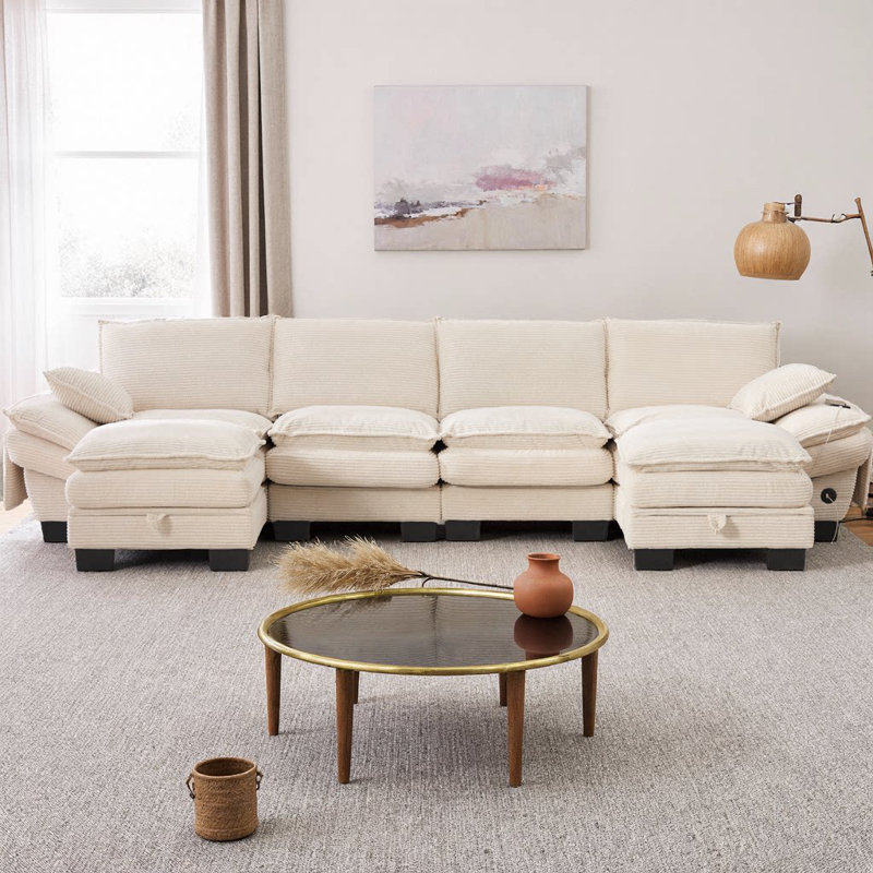 130" U-Shaped Corduroy Cloud Modular Sofa with 2 Storage Ottomans, Deep Seat Sectional, USB Ports & Phone Pockets, 4-Seat Convertible Couch for Living Room, Apartment