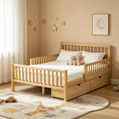 Minimalist Style Both Sides Guardrails Wood Platform Bed With Two Storage Drawers And Headboard