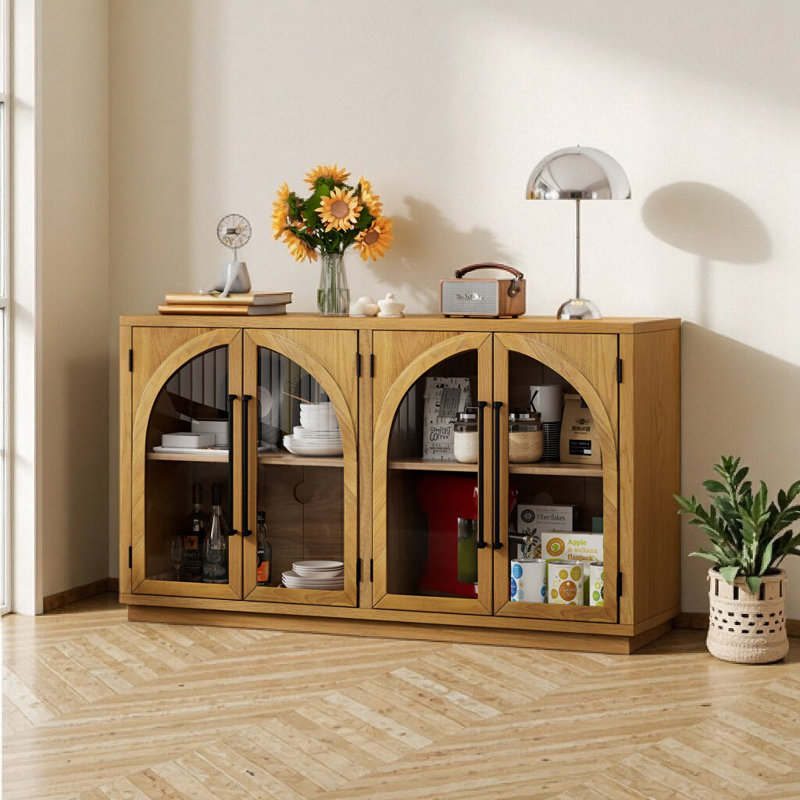 Buffet 60 po en bois naturel avec porte arquée et rangement en verre, Bois naturel