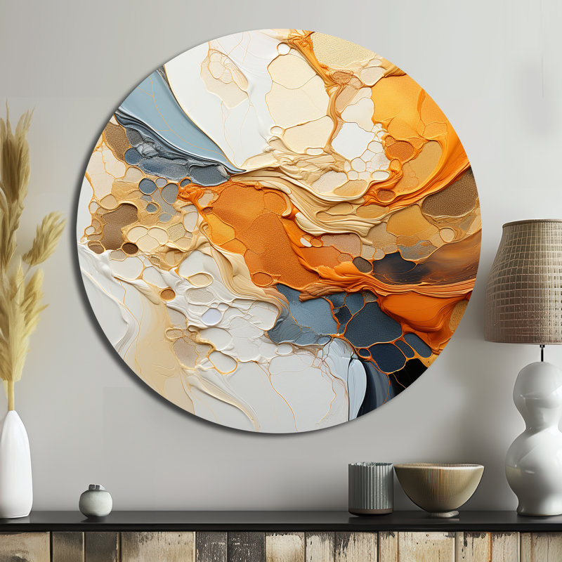 Orange orange, dessin au trait abstrait - Art abstrait rond en métal, H 29 po x l 29 po x P 1 po