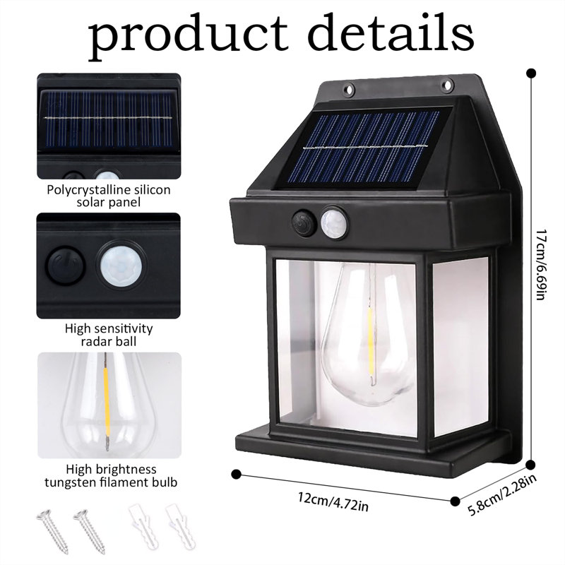 Solar Powered LED Wall Lantern Outdoor Built-in 1200mAh battery, IP44 Waterproof with Motion Sensor & 3 Modes