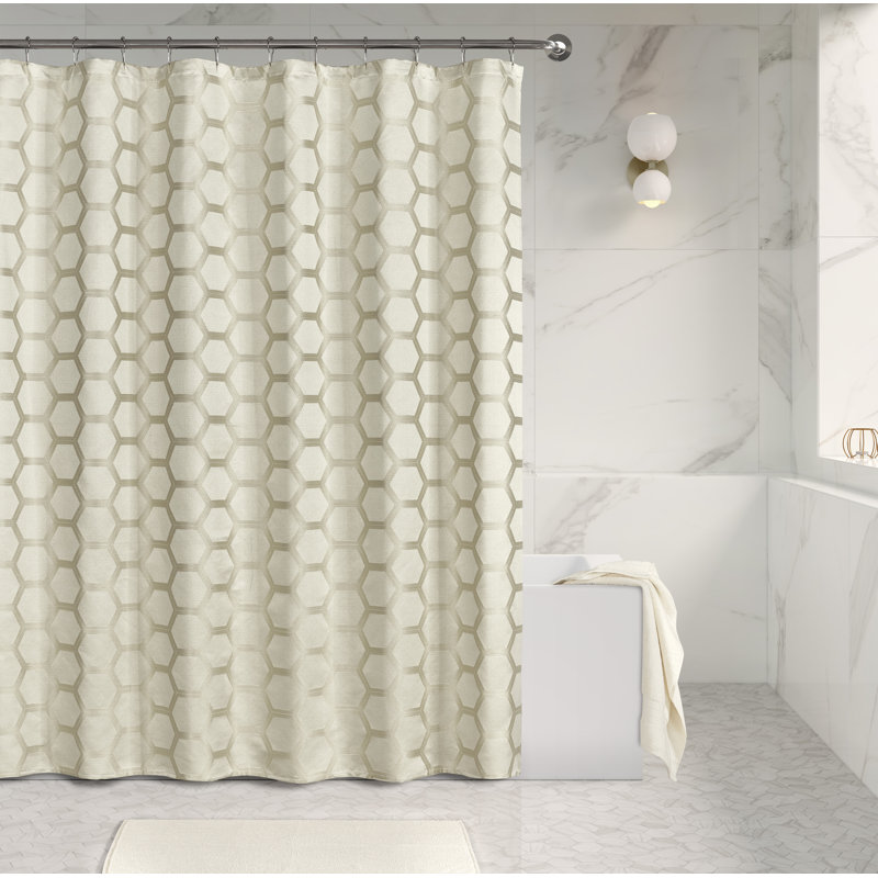 Navy Geometric Fabric Shower Curtain with Liner