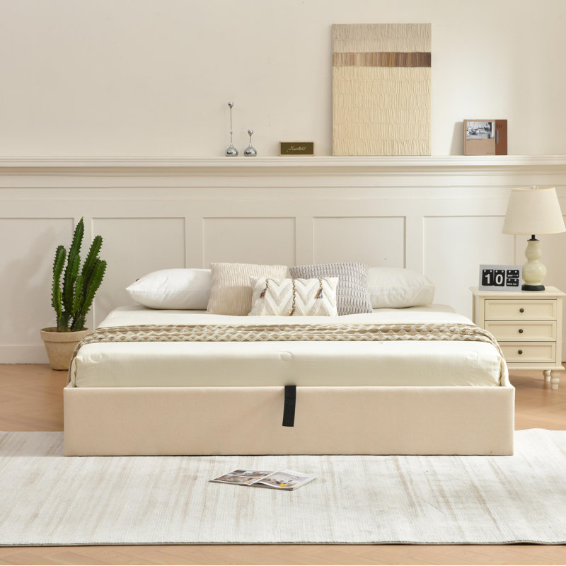 Braud Upholstered Hydraulic Lift Up Storage Bed Without Headboard, Queen, Beige