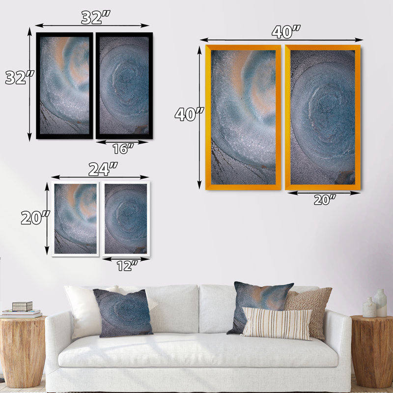 «Luxury Grey and Blue Fluid Art II», ensemble de 2 photographies sur toile, H 20 po x l 24 po x P 1 po, Cadre photo noir