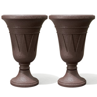 2-Pack Trophy Shaped Pedestal Planters, 23.6" Tall Outdoor Urn Flower Pots With Solid Base, Elegant Pattern, Weather-Resistant HDPE