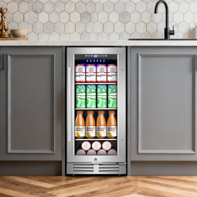 15-Inch Mini Beverage Refrigerator – Holds 130 Cans, Built-In or Freestanding Beverage Cooler, with Adjustable Shelves, Reversible Door, LED Lighting, and Safety Lock