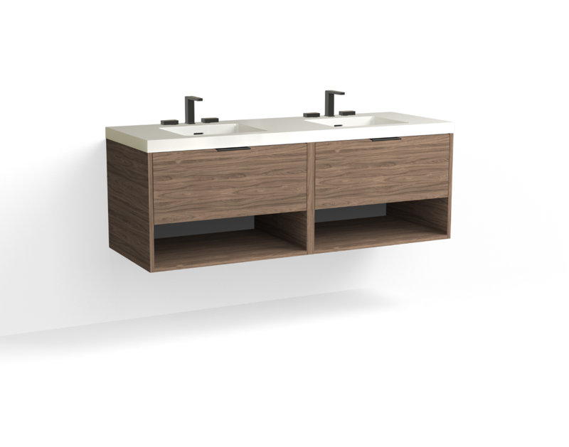 Modo 60" W Wall Mounted Double Bathroom Vanity, Matte White/Single, White Acrylic, Satin Nickel
