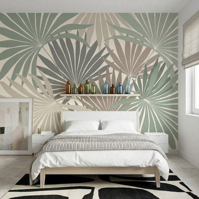 Décoration murale amovible à motif de feuilles de palmier sur fond blanc