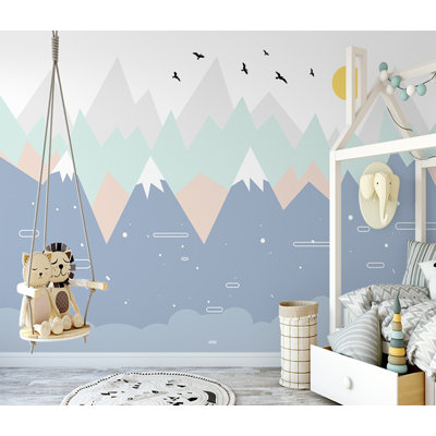 Geometric Shapes Birds Sun Colorful Triangle Snowy Mountains Removable Wallpaper -  GK Wall Design, GKWP000838W55H35