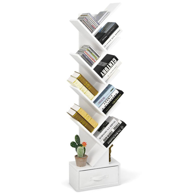 Bibliothèque en forme d'arbre avec 10 tablettes et tiroir en tissu, bibliothèque de coin pour la chambre à coucher