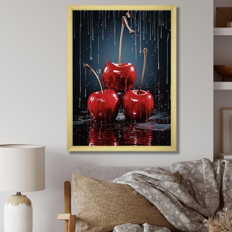 Red Cherry Delight 2 - art mural cerise, H 32 po x l 24 po x P 1 po, Cadre doré simple