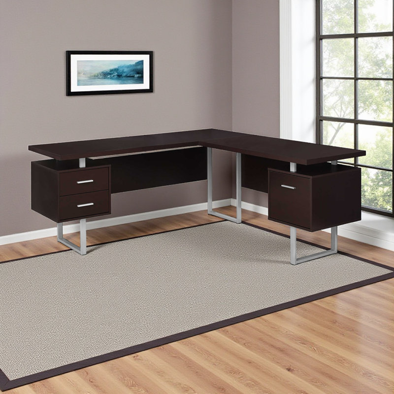 Katiely Dark Brown Corner 2-Drawers Computer Desk with Metal Leg, 29.74" H X 70.81" W X 70.81" D