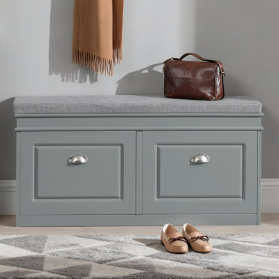 Gray Narrow Shoe Storage Bench with Flip Drawers and Cushioned Seat for Entryway, 40.9"W x 9.4"D x 20"H