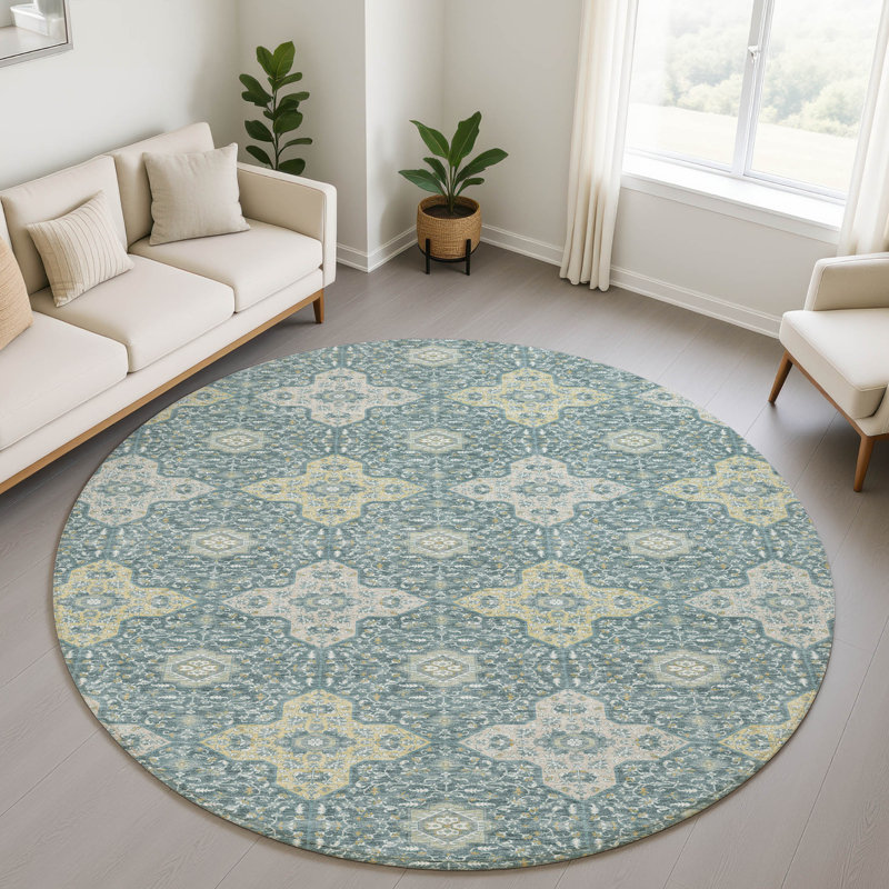 Tapis damassé Villers AMF2566 lavable à la machine de qualité supérieure, Teal, 8' Round