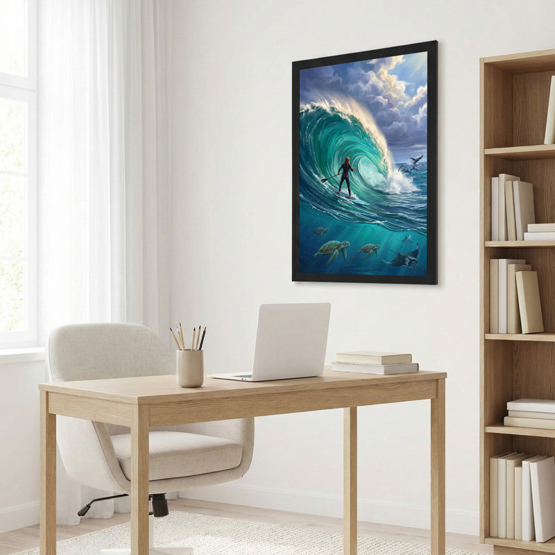 «Paddleboarder on Massive Teal Wave with Sea Turtles», art mural, 30"H x 20"W