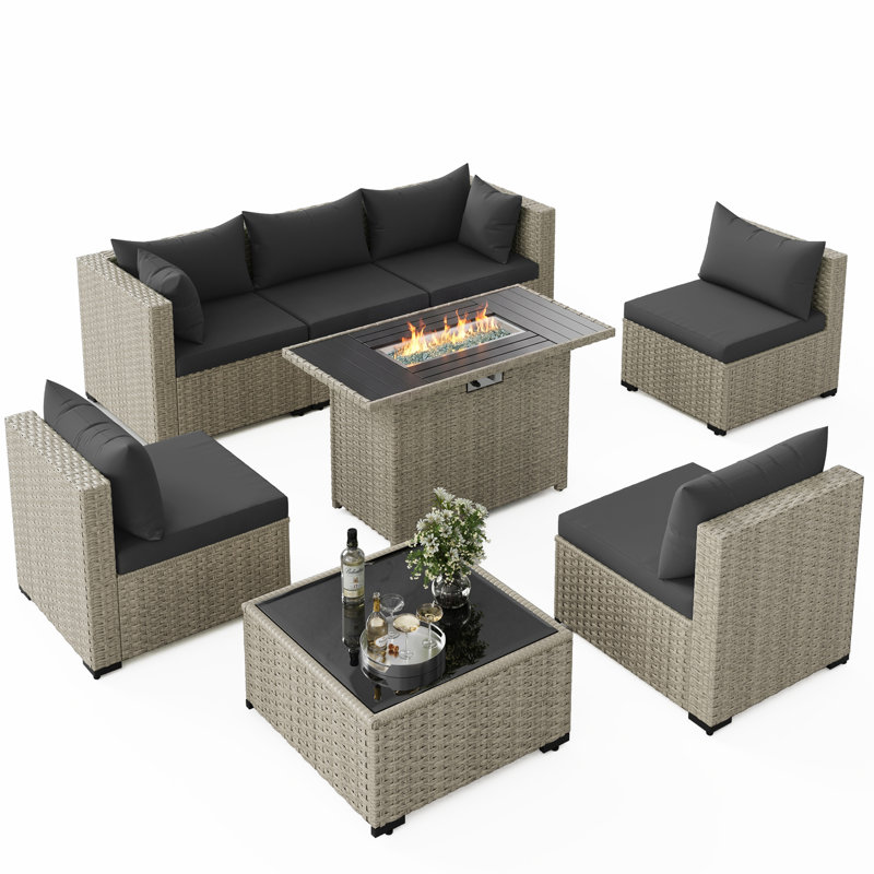 8-Piece Patio Conversation Set With Fire Pit Table, Coffee Table, And Cushions, Black