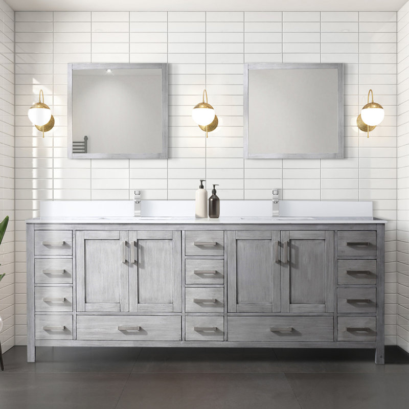 Meuble-lavabo double 84 po X P 22 po D, dessus en quartz blanc et ensemble de robinet, Gris