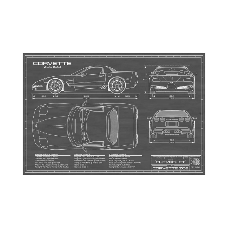 Corvette (C5) Z06 noir par Action Blueprints - impression, H 8 po x l 12 po x P 0,75 po