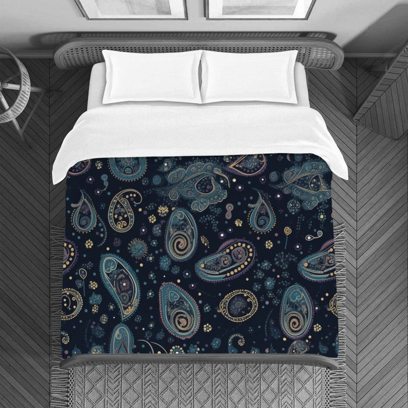 Machine Printed Duvet Cover, Black/Navy Paisley, Queen Duvet Cover